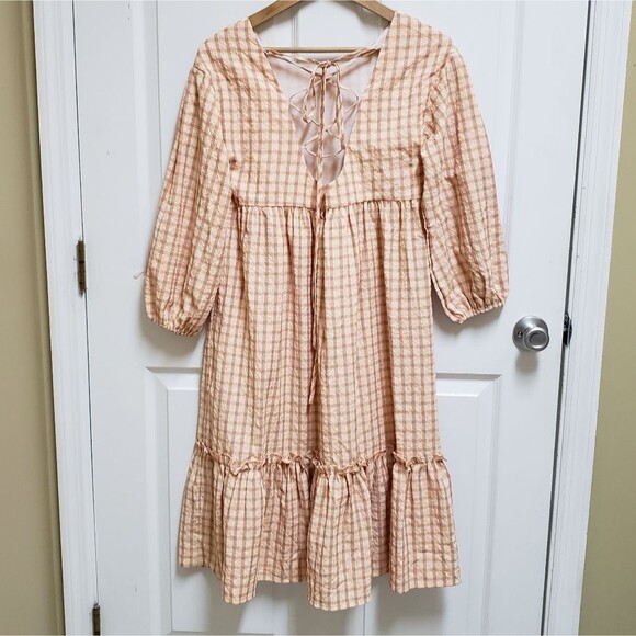 Petal & Pup Dress Womens Size 2 Peach Plaid Lace Up Puff Sleeve Cottage Prairie - Picture 2 of 11
